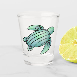 watercolor painted sea turtle cartoon blue green shot glass