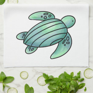 watercolor painted sea turtle cartoon blue green tea towel
