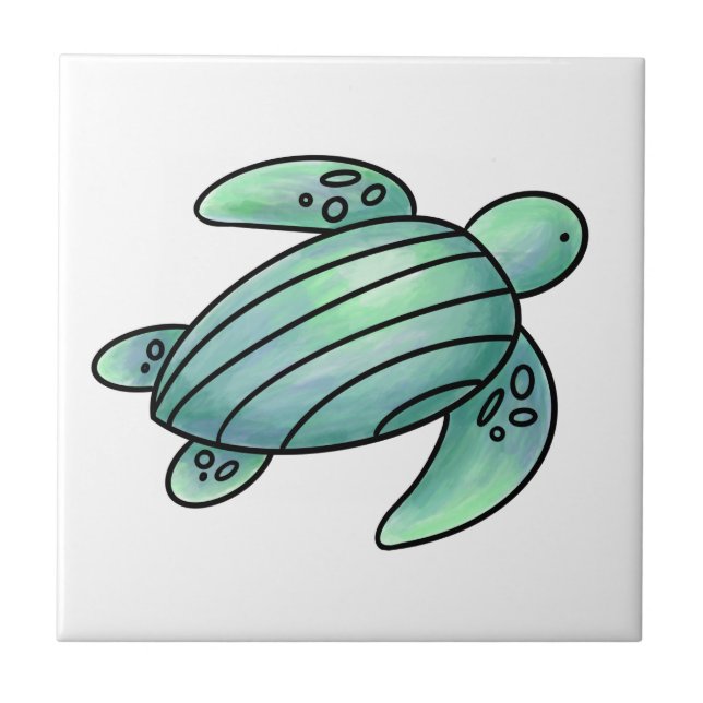 watercolor painted sea turtle cartoon blue green  tile (Front)