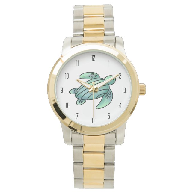 watercolor painted sea turtle cartoon blue green  watch (Front)