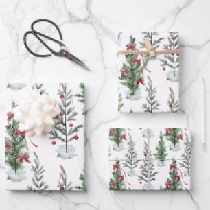Watercolor-Painted Sparse Holiday Christmas Trees Wrapping Paper Sheet