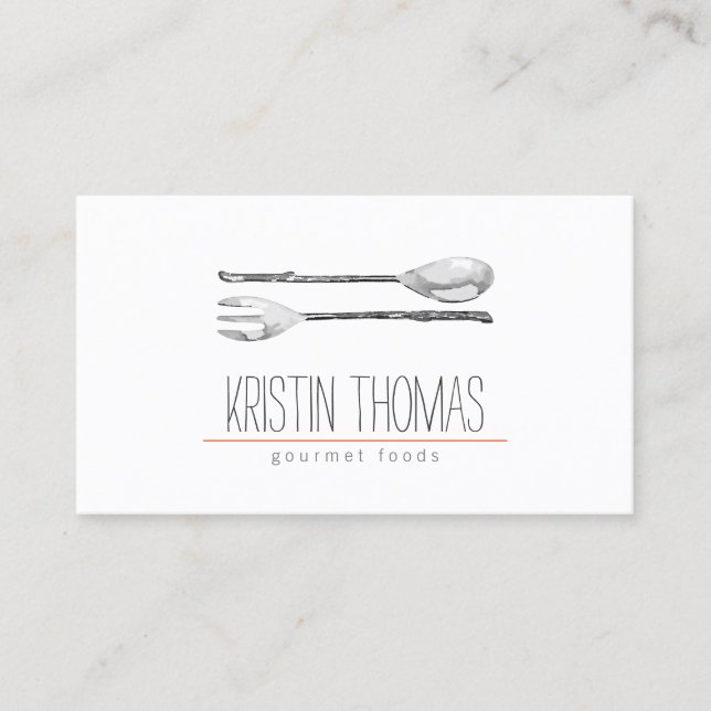 Watercolor Painted Spoon and Fork Catering Business Card (Front)