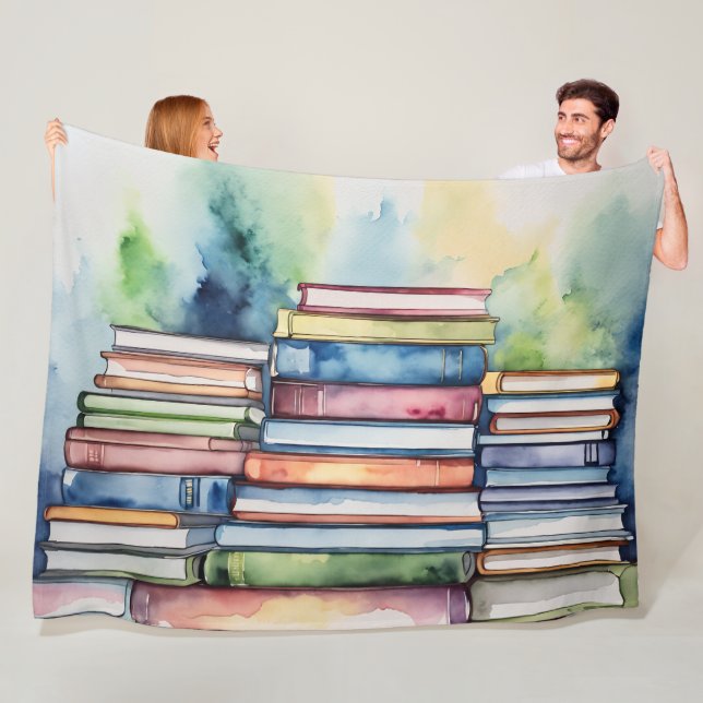 Watercolor Painted Stack of Reading Books Fleece Blanket (In Situ)