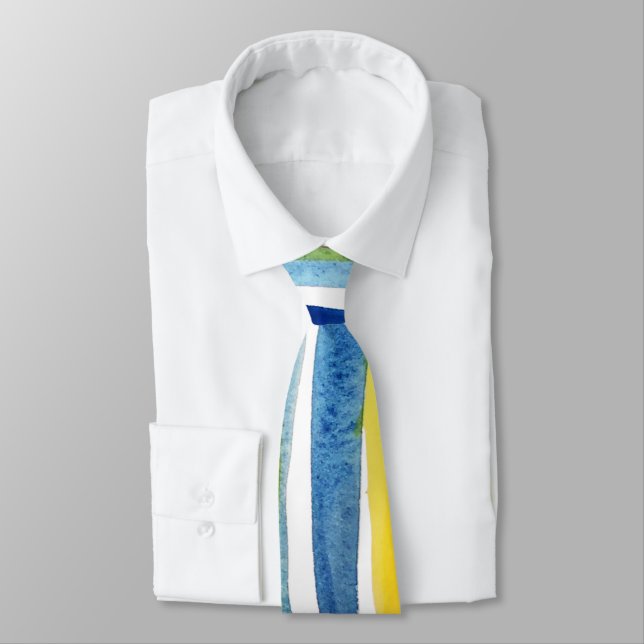 Watercolor Painted Stripes Tie – Blue & Yellow  (Tied)
