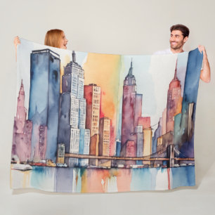 Watercolor Painted Urban Cityscape Skyscapers Fleece Blanket