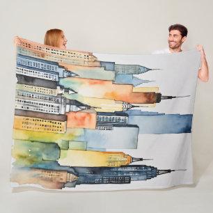 Watercolor Painted Urban Cityscape Skyscapers Fleece Blanket