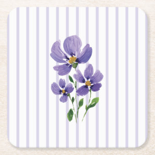 watercolor painted violets with stripes square paper coaster