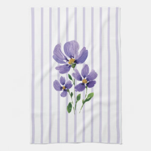 watercolor painted violets with stripes tea towel