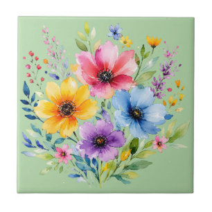 Watercolor painted wildflowers tile