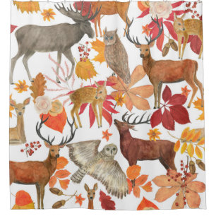 Watercolor painting autumn forest background with shower curtain