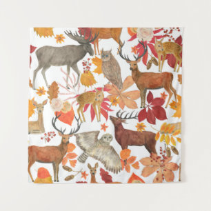 Watercolor painting autumn forest background with tapestry