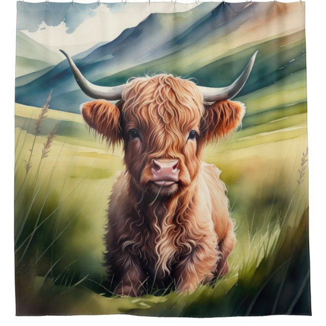Watercolor Painting Baby Highland Cow Sitting Shower Curtain (Front)