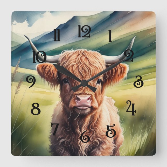 Watercolor Painting Baby Highland Cow Sitting Square Wall Clock (Front)
