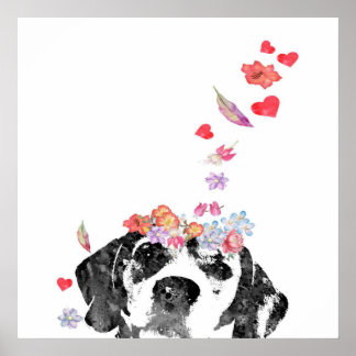 Watercolor Painting Beagle Dog Wreath Flowers Poster
