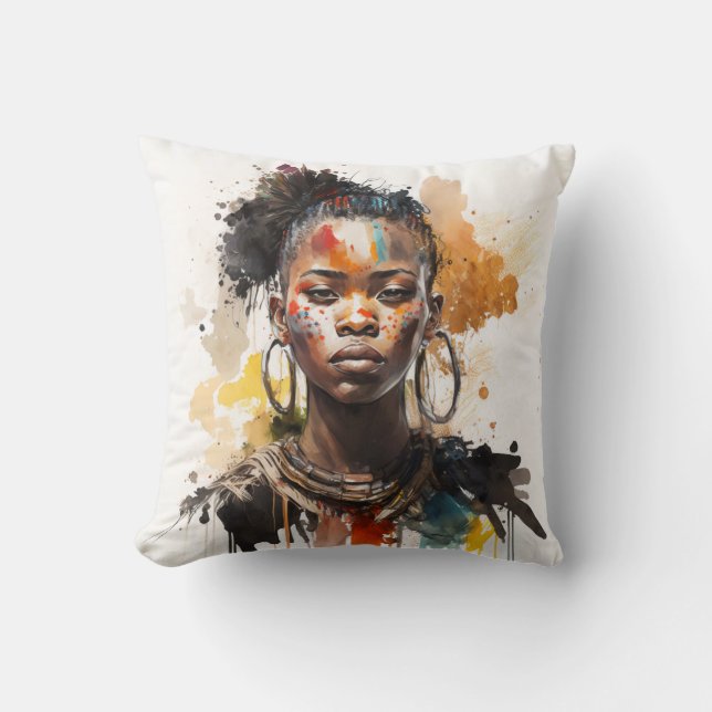 Watercolor Painting, Beautiful African Tribe Women Cushion (Front)