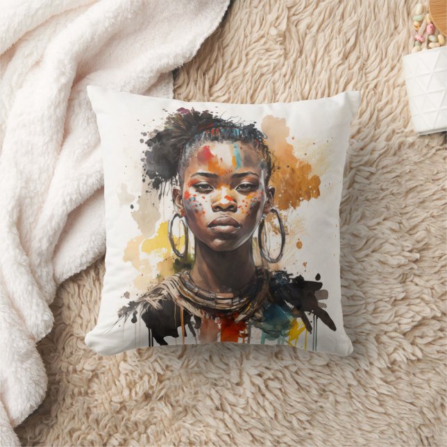Watercolor Painting, Beautiful African Tribe Women Cushion (Blanket)