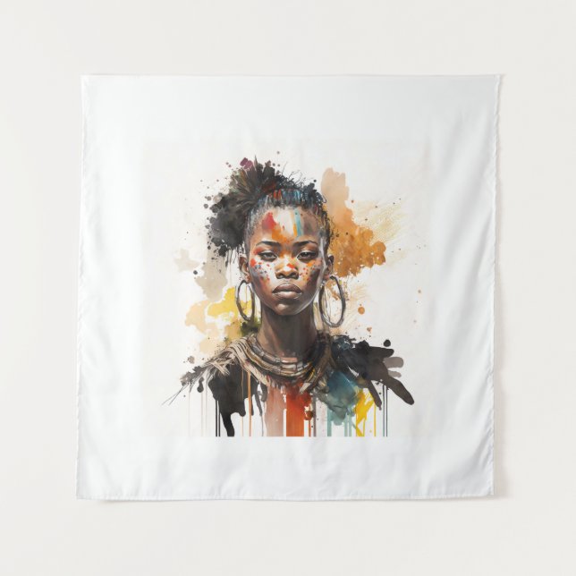 Watercolor Painting, Beautiful African Tribe Women Tapestry (Front)