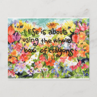 watercolor painting brite flowers + upbeat saying postcard