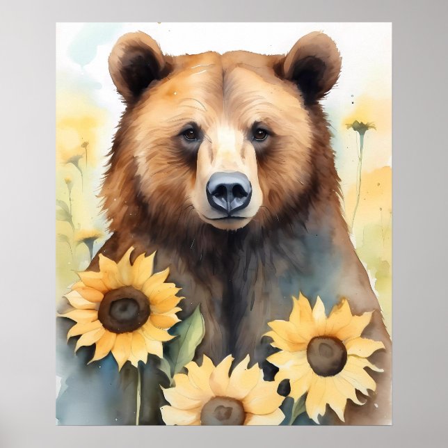 Watercolor Painting Brown Bear And Sunflowers Poster (Front)