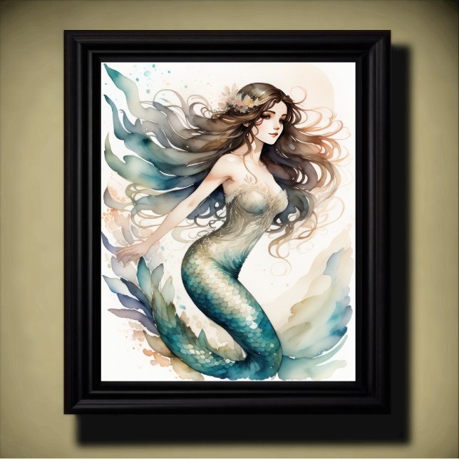 Watercolor Painting Brown Haired Mermaid Poster (Creator Uploaded)