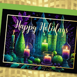 Watercolor Painting Candle Christmas Purple Green