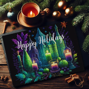 Watercolor Painting Candle Christmas Purple Green Card