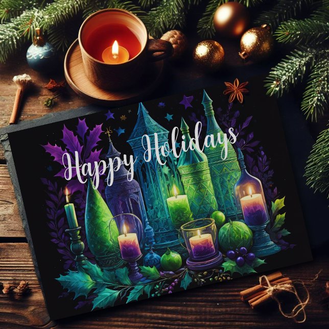 Watercolor Painting Candle Christmas Purple Green Card (Creator Uploaded)