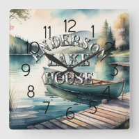 Watercolor Painting Canoe Lake Dock Mountain