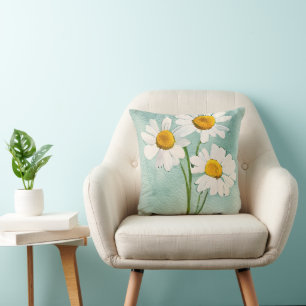 Watercolor painting chamomile flowers white bloom cushion