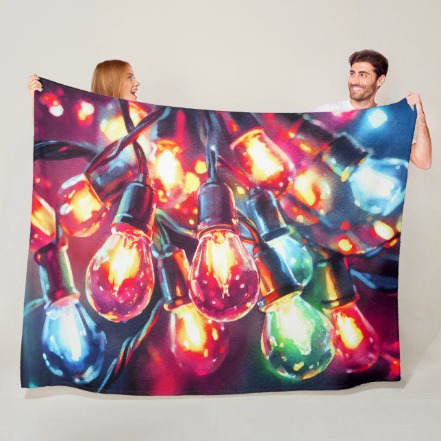 Watercolor Painting Christmas Holiday String Light Fleece Blanket (In Situ)
