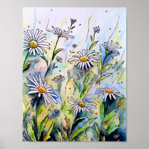 Watercolor Painting Daisies Poster