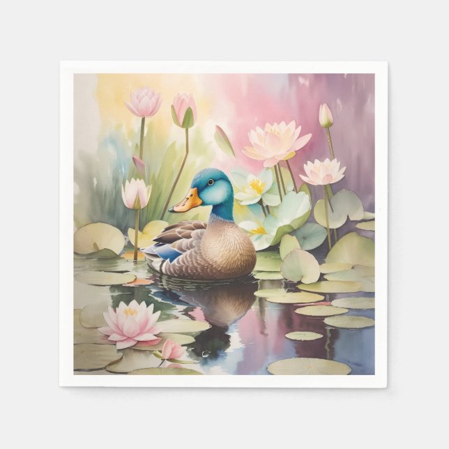 Watercolor Painting Duck On a Pond Napkin (Front)