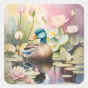Watercolor Painting Duck On a Pond Square Sticker