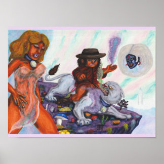 Watercolor Painting Eros rides Aurora Lioness Love Poster