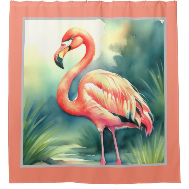 Watercolor Painting Flamingo Shower Curtain (Front)