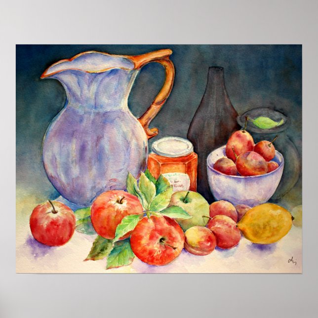 Watercolor Painting Fruit and Jug Still Life Poster (Front)