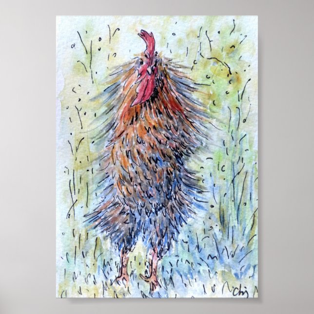 Watercolor Painting Fun Rooster Poster (Front)