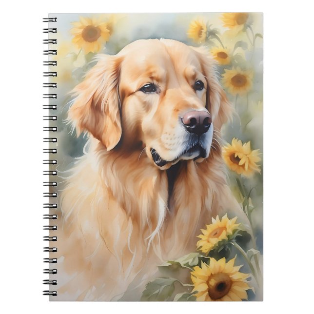 Watercolor Painting Golden Retriever and Sunflower Notebook (Front)