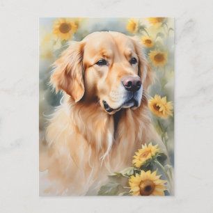 Watercolor Painting Golden Retriever and Sunflower Postcard