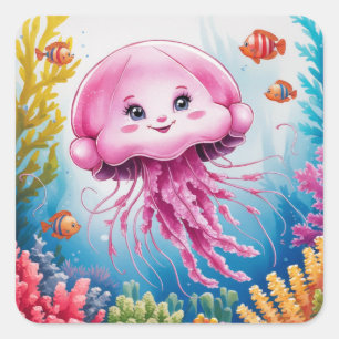 Watercolor painting jellyfish square sticker