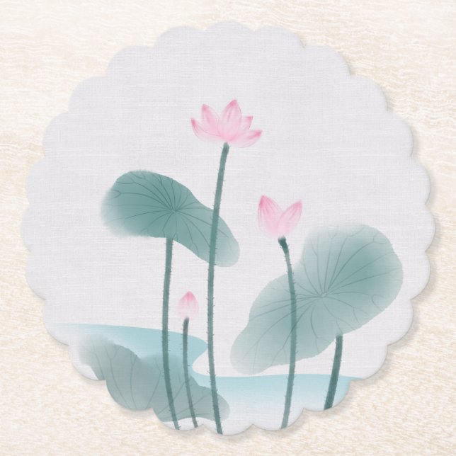 Watercolor Painting Lotus Floral Paper Coaster (Front)