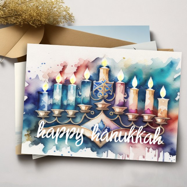 Watercolor Painting Menorah Happy Hanukkah Holiday Card (Creator Uploaded)