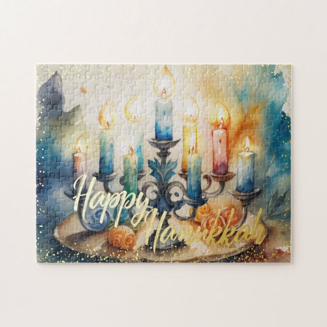 Watercolor Painting Menorah Happy Hanukkah Jigsaw Puzzle (Horizontal)