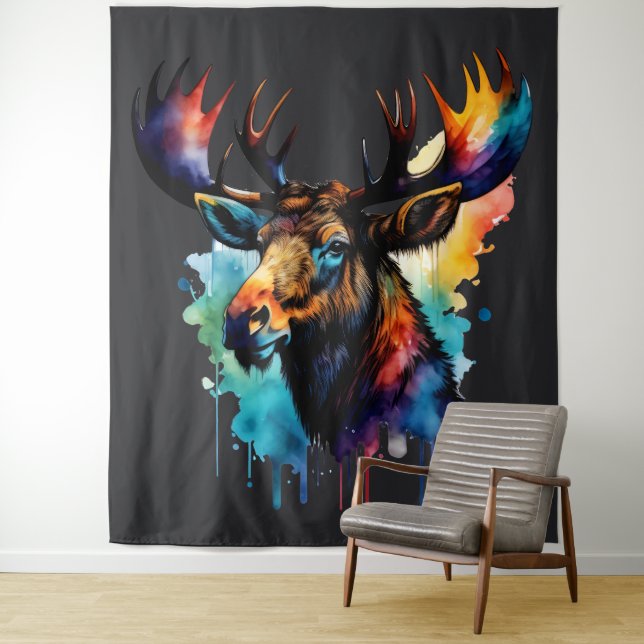 Watercolor Painting Multi Coloured Moose Tapestry (In Situ)