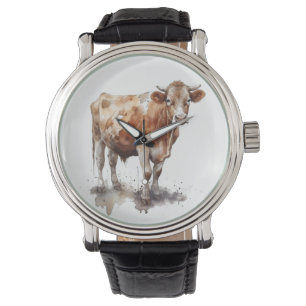 watercolor painting of a cow in a pasture watch