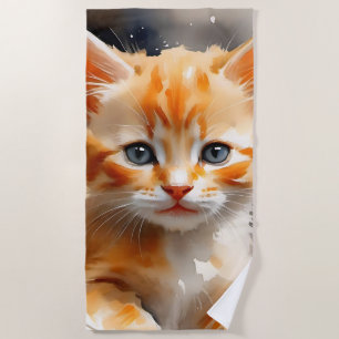 Watercolor painting of a cute orange cat beach towel