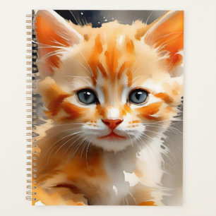 Watercolor painting of a cute orange cat planner