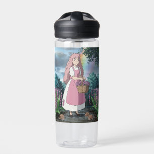Watercolor painting of a little girl picking flowe water bottle