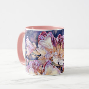Watercolor painting of a purple azeea blossom mug