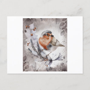 Watercolor painting of a Robin Bird with a flower Postcard
